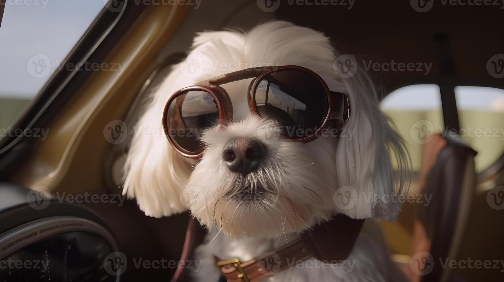 dog driving small car with pilot's glasses, photo