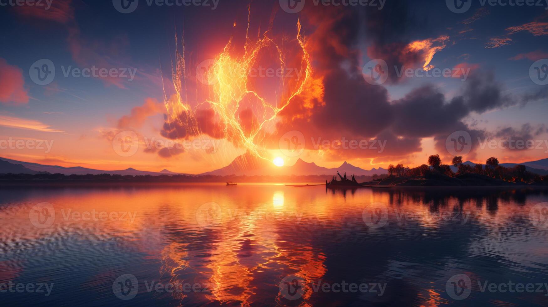 el imagen es transparente, continuar fuego nubes, atardecer, cg representación, 3d efecto, cuerpo luz, cielo, súper amplio ángulo, nubes en el lago, lago reflexión, azul cielo transparente tono - generativo ai foto