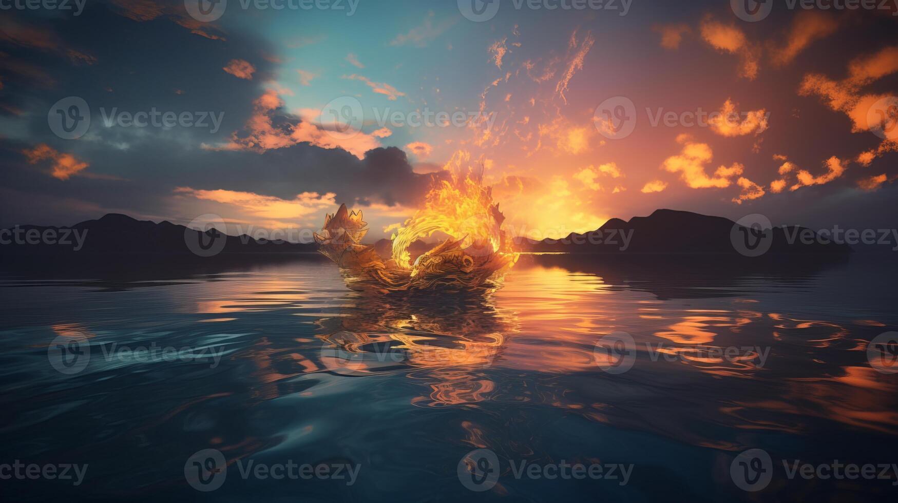 el imagen es transparente, continuar fuego nubes, atardecer, cg representación, 3d efecto, cuerpo luz, cielo, súper amplio ángulo, nubes en el lago, lago reflexión, azul cielo transparente tono - generativo ai foto