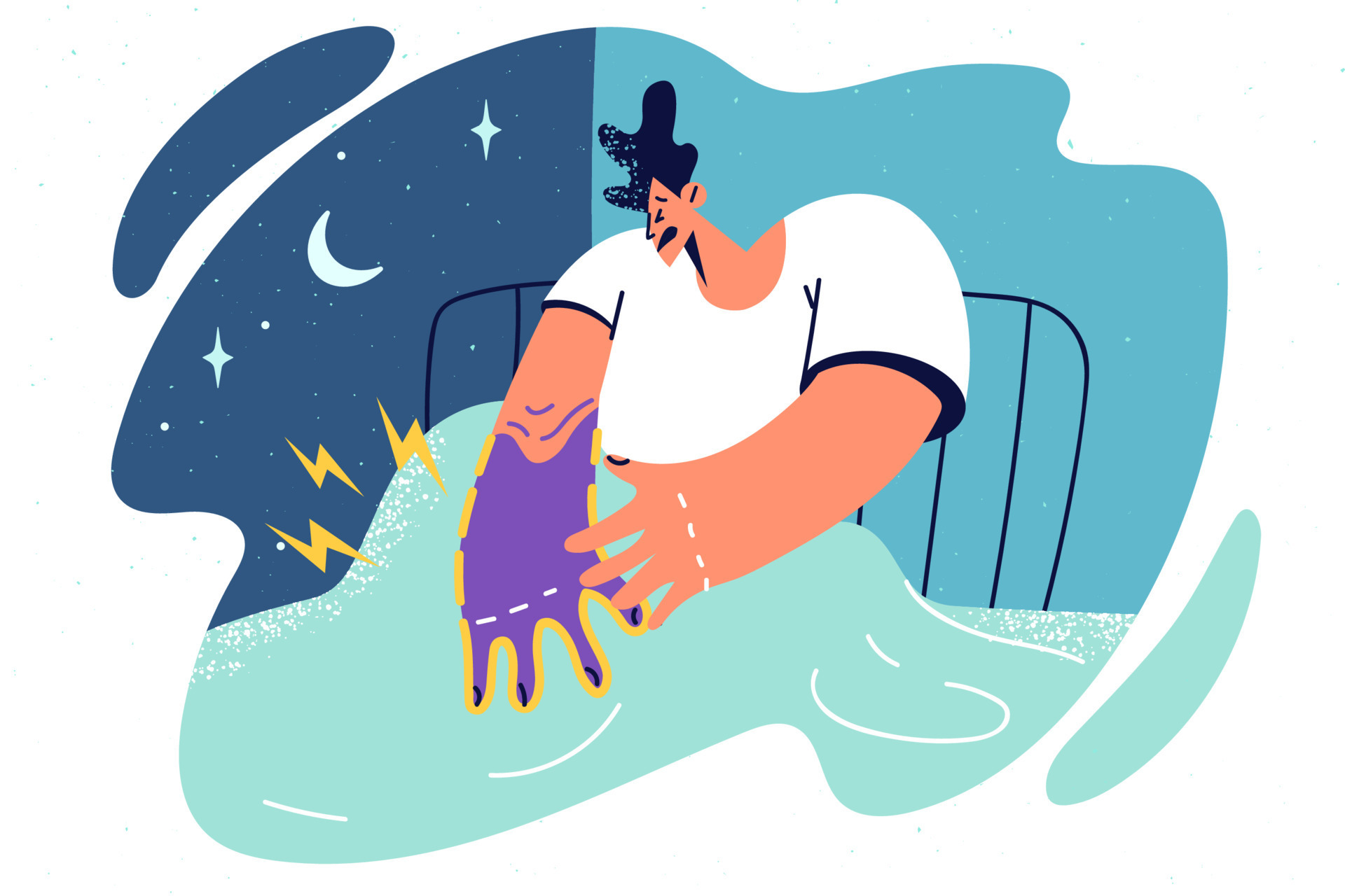 Stressed man wakeup at night struggle with hand numbness. Distressed