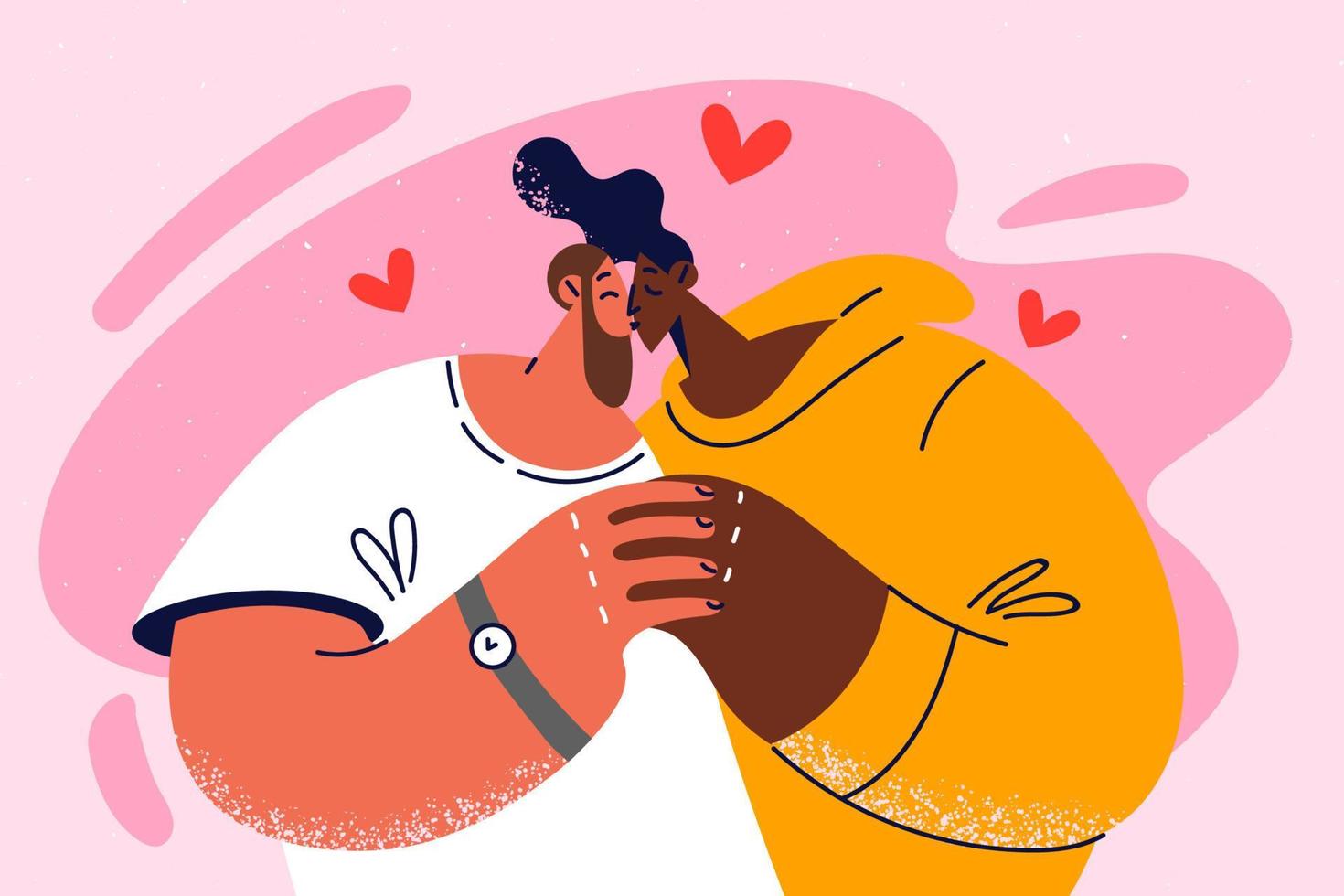 Happy interracial couple kissing enjoying romantic relationships. Smiling multiethnic man and woman hug show affection and love. Vector illustration.