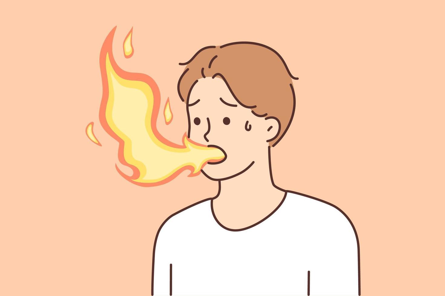 Sick man with flame coming out mouth suffers from heartburn due to problems with digestive system. Guy ache heartburn and needs treatment to recover stomach after eating spicy food vector