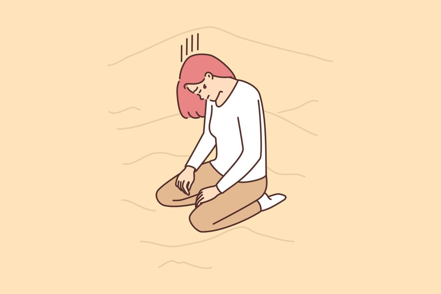 Lost woman kneels with head bowed on sand dunes in wilderness, suffering from thirst and exhaustion. Girl tourist lost hope after gone astray or forgot way home. Flat vector illustration