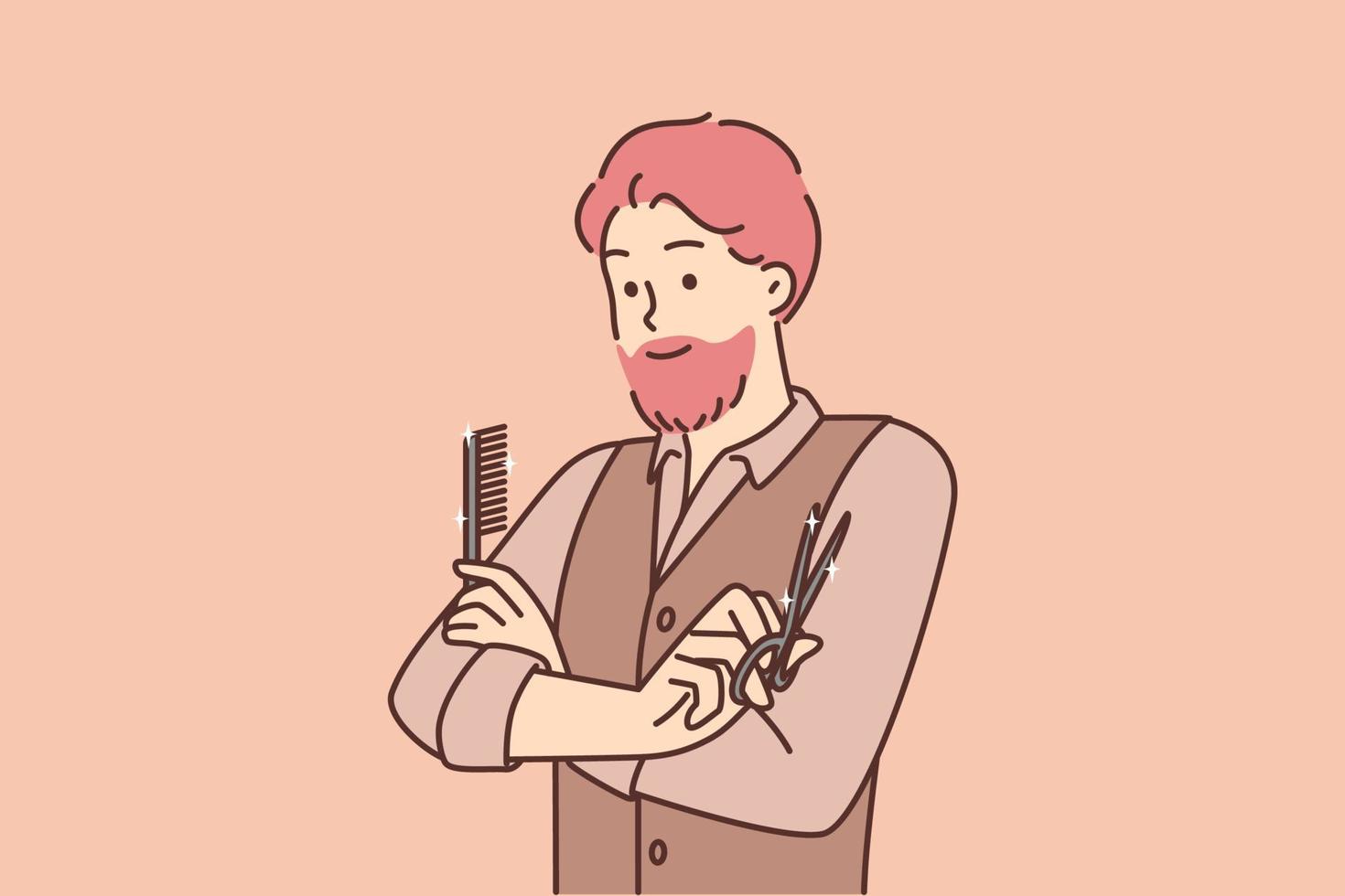 Man hairdresser working in beauty salon stands with arms crossed holding comb and scissors. Barbershop specialist guy confidently looks ahead deciding what hairstyle to make to visitor vector