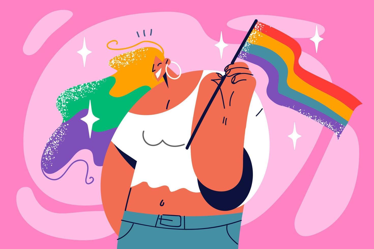 Smiling woman with LGBT flag in hands feel excited at pride parade. Happy girl with LGBTQ sign support homosexuality and human rights. Vector illustration.
