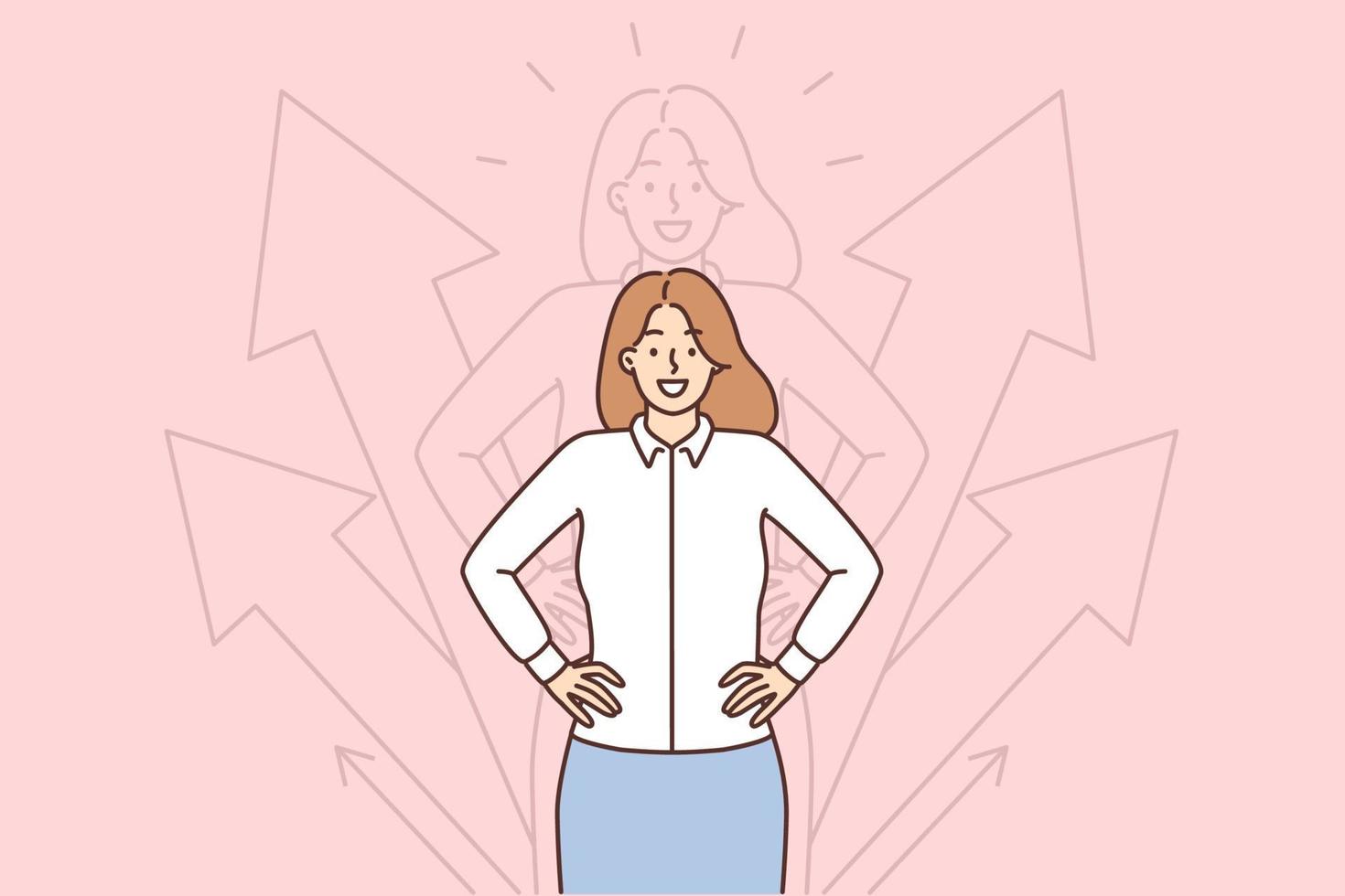 Purposeful woman in business clothes keeps hands on belt standing near arrows pointing up. Successful girl working as manager is proud of growth of company business indicators vector