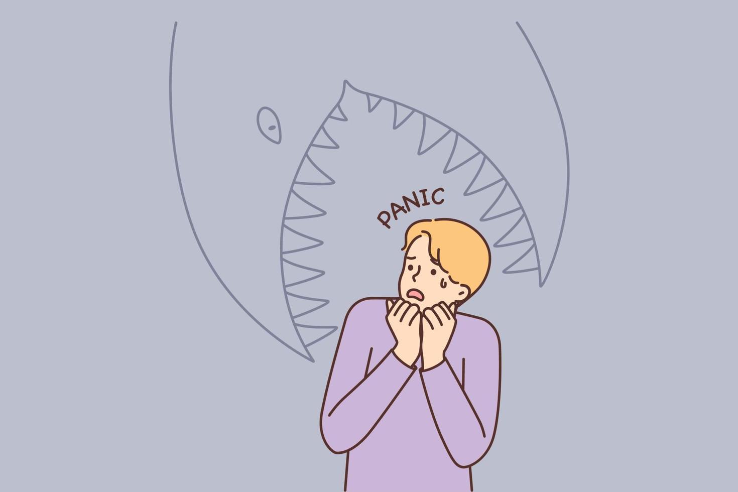 Frightened man having panic attack imagining giant fish trying to eat him. Cowardly guy panic and gets scared after watching horror movies or reading scary stories in books vector