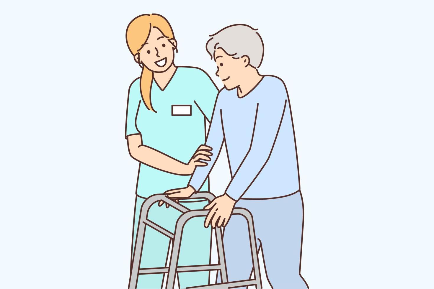 Woman nursing home employee caring for elderly human leaning on stilts for people with disabilities. Smiling girl from medical center leads elderly man for checkup vector