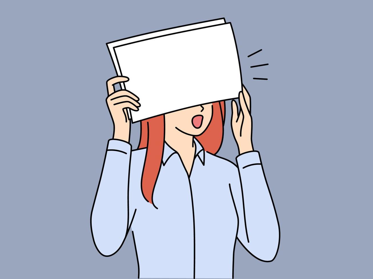 Shocked woman office worker covers eyes with paper after seeing serious mistake. Shocked girl in shirt is frightened by opening mouth checking documents received from manager vector