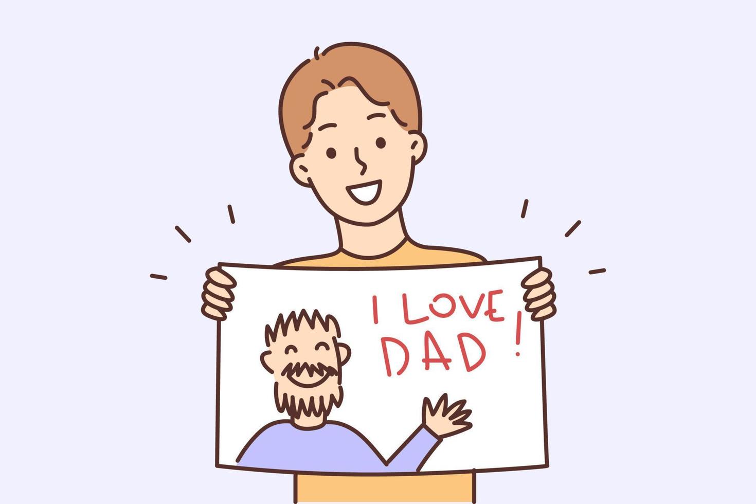 Happy teenager boy holding poster with inscription I love dad and image of man in hands. Positive schoolboy demonstrates prepared gift handmade drawing with portrait dad for Father Day vector