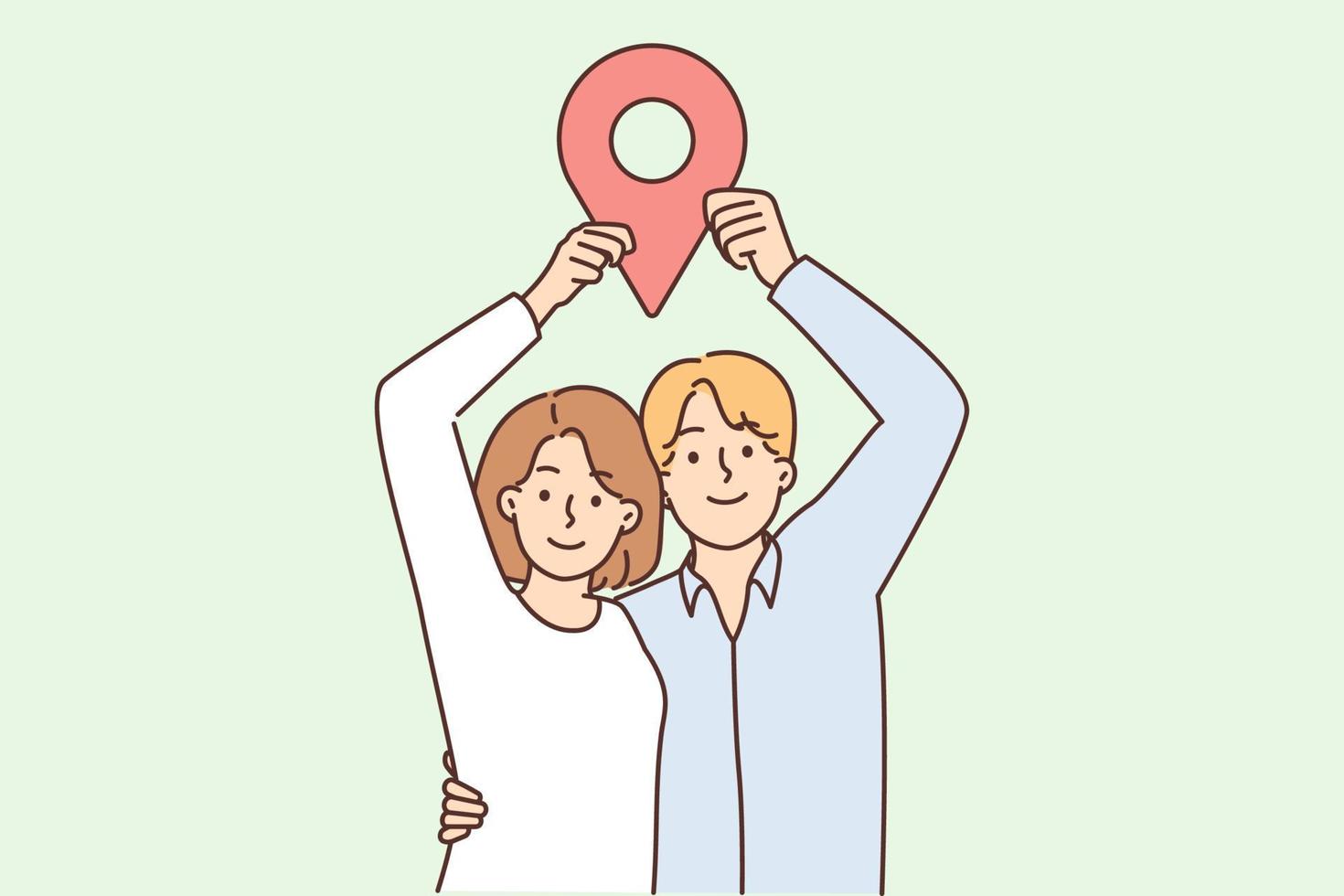 Man and woman stand in embrace and show large geotag to share coordinates for house party or invite friends over. Young couple share geodata on social networks or websites using geotagging vector