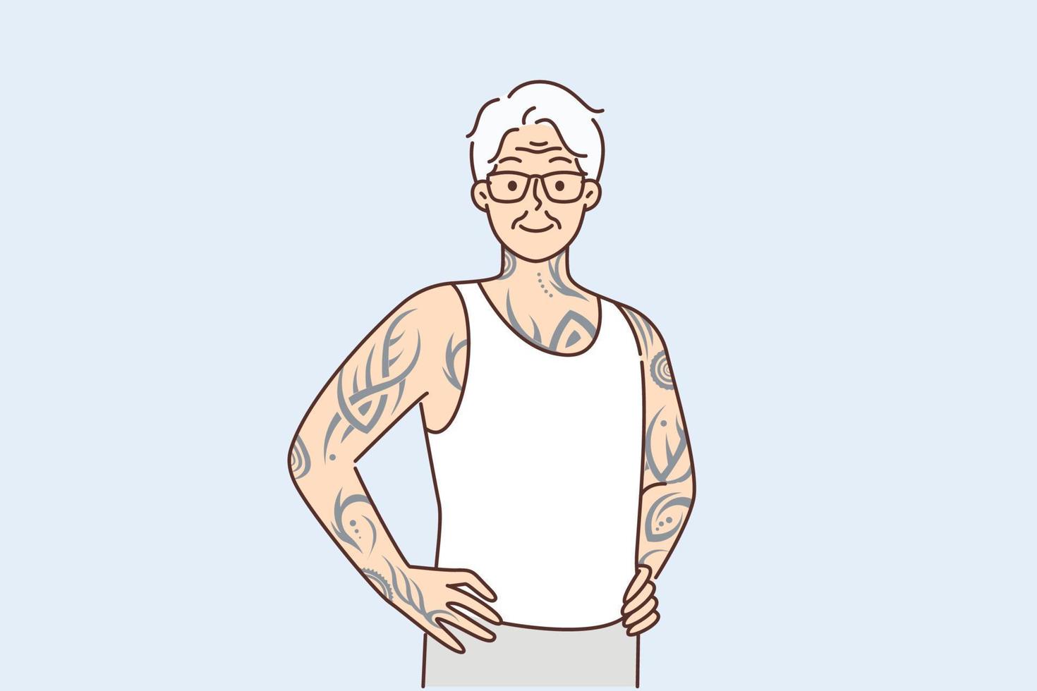 Optimistic elderly man with tattoos on arms and body stands with hands on belt proud good health in old age. Gray-haired elderly human with tattoos stuffed in youth looks at screen posing in t-shirt vector