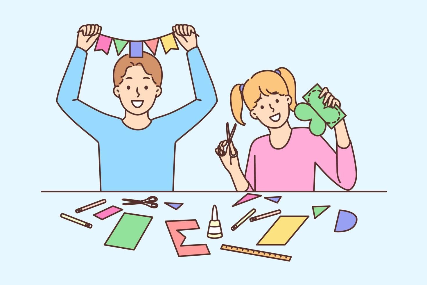 Friendly boy girl in adolescence cut out origami and crafts from colored paper. School children are engaged in manufacture of origami and garlands to develop creative thinking vector