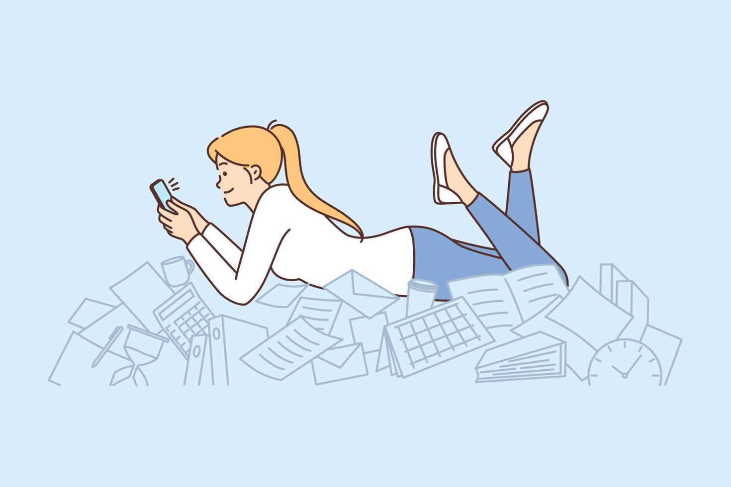 Procrastination woman with phone lies on documents and stationery oblivious to mess. Girl office worker spends working time on procrastination without performing official duties vector