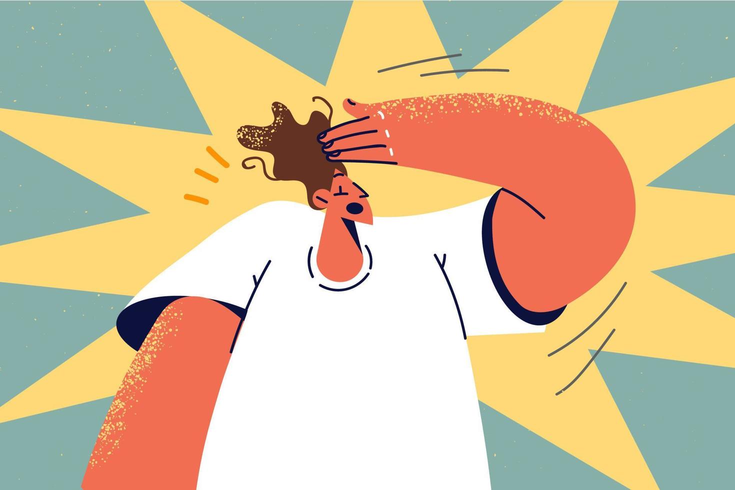 Man make hand gesture remember things. Frustrated male making face palm sign feel embarrassed or confused. Vector illustration.