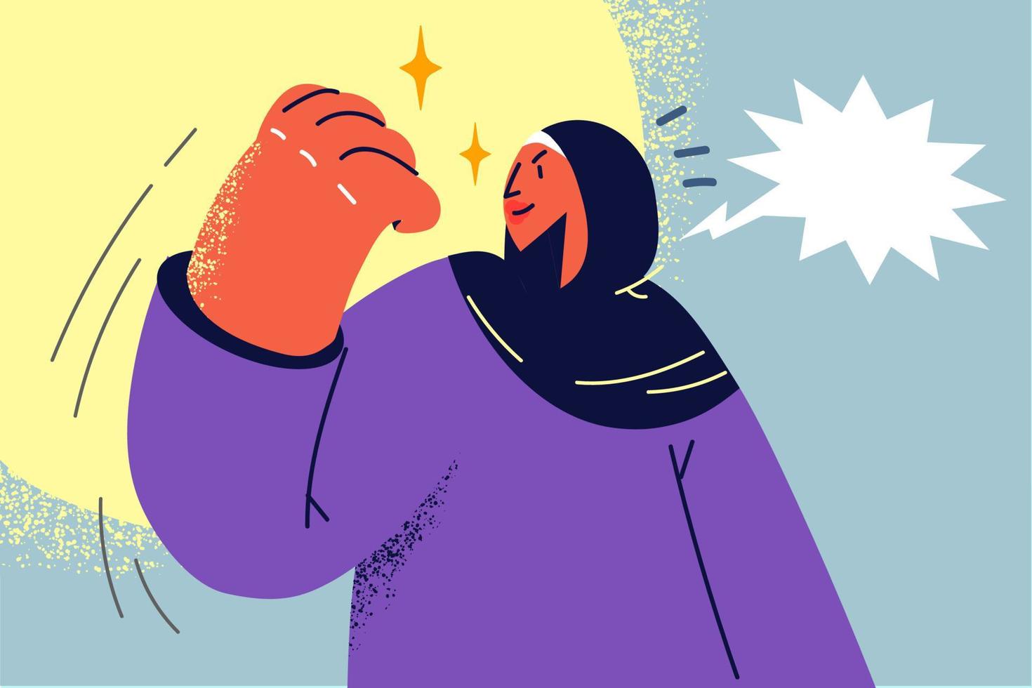 Strong happy Arabic woman in hijab show muscles feeling powerful and decisive. Female activist demonstrate leadership at street protest or demonstration. Vector illustration.