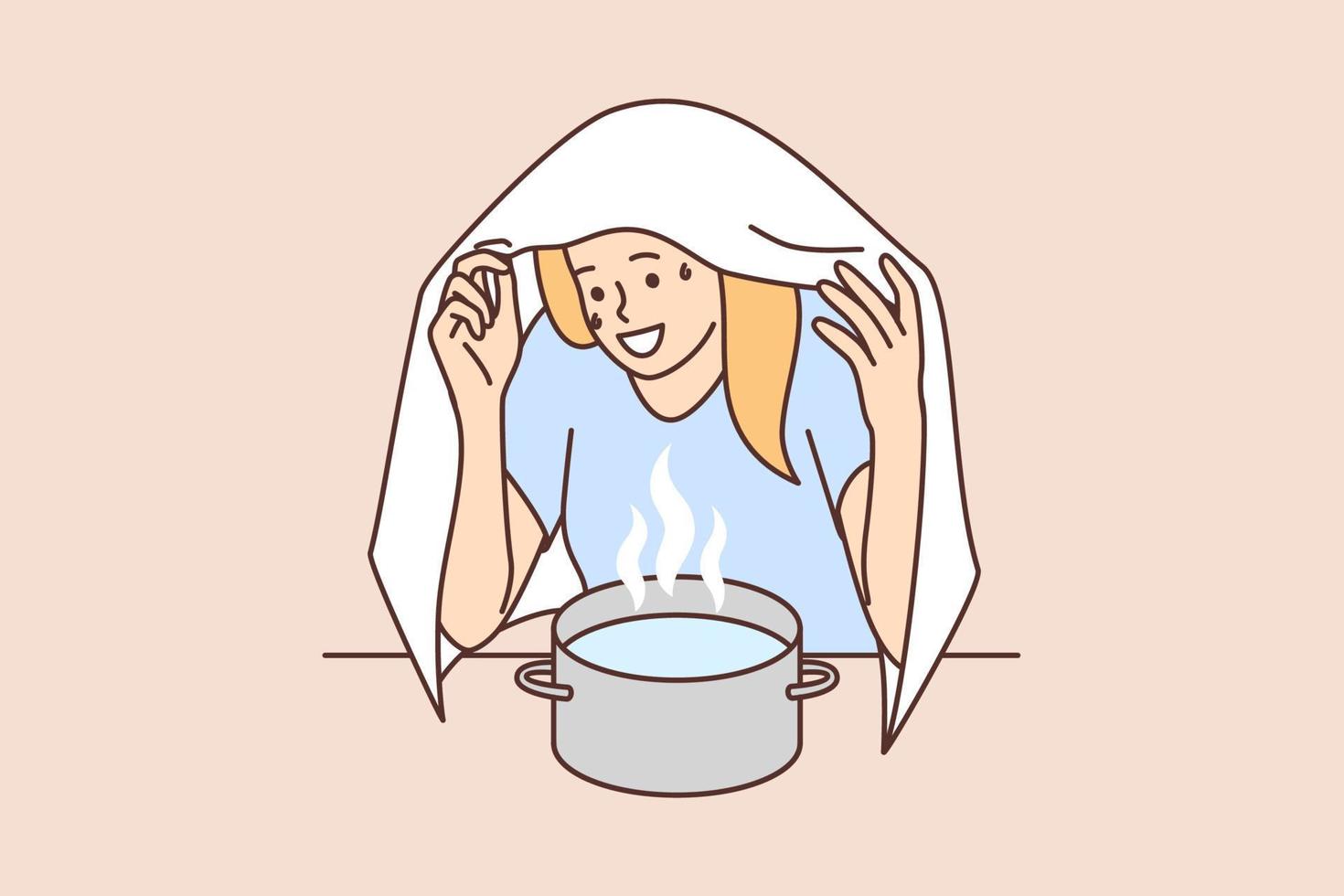 Woman sits over pot hot water covering head with towel to get rid of cold or runny nose. Girl is self-medicating by practicing ways to get rid of rheum from traditional medicine vector