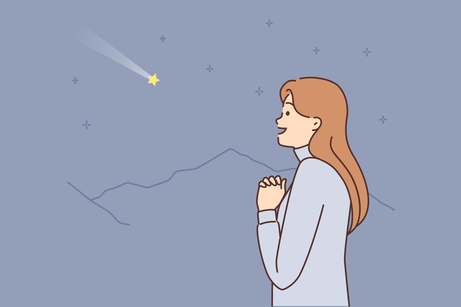 Dreaming woman with palms clasped in front of chest looks at shooting star and makes wish. Casual girl watching starfall while making wish to go to college or university vector