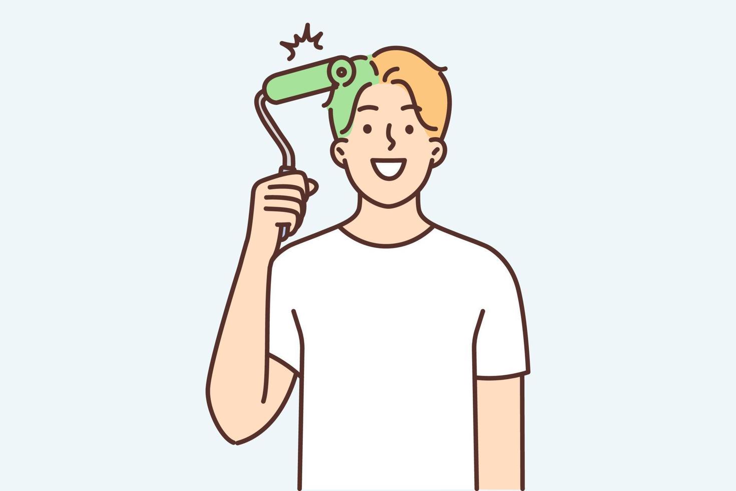 Man uses paint roller to dye hair green and looks at screen smiling for concept of renovation in house or apartment. Young guy doing renovation with own hands splattered hair with paint vector