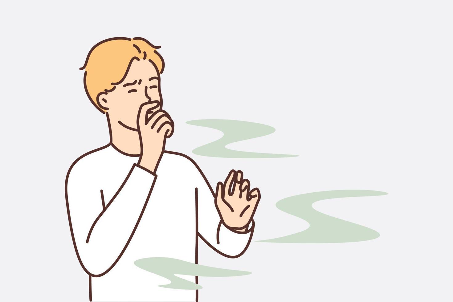 Man covers nose so as not to smell unpleasant smell from harmful production that pollutes environment. Guy grimaces and closes eyes, feels vile stench coming from missing products or garbage dump vector