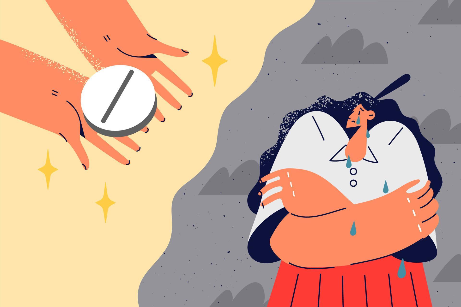 Stressed woman feel scared of pill or medicament. Unhappy girl crying