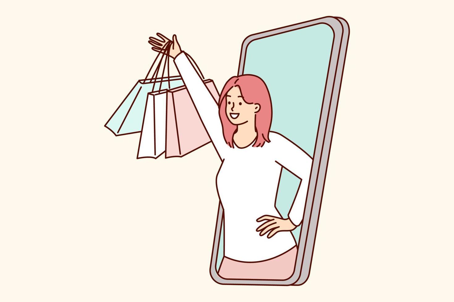 Happy woman peeking out of mobile phone screen raising hand with packages from clothing store rejoices in cool shopping. Buyer of online store who made order through online application vector