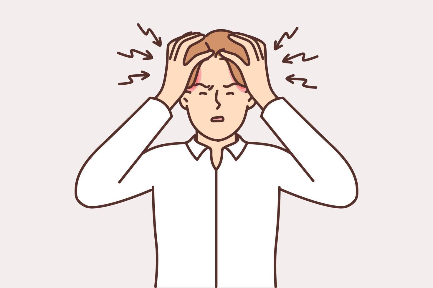 Tormented man clutches head and squints due to overworking or large number of work tasks requiring immediate solution. Arrows pointing at guy symbolize problems associated with overworking vector