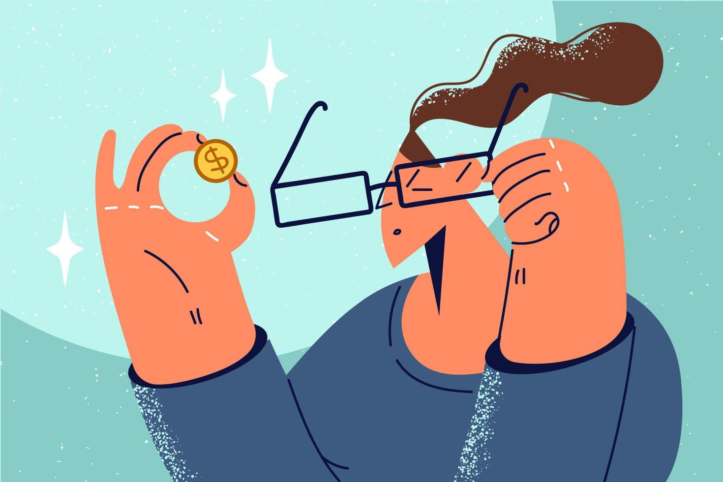 Woman in glasses look at golden coin shocked with small wage. Unhappy female in eyewear examine money coin. Finance and savings. Vector illustration.