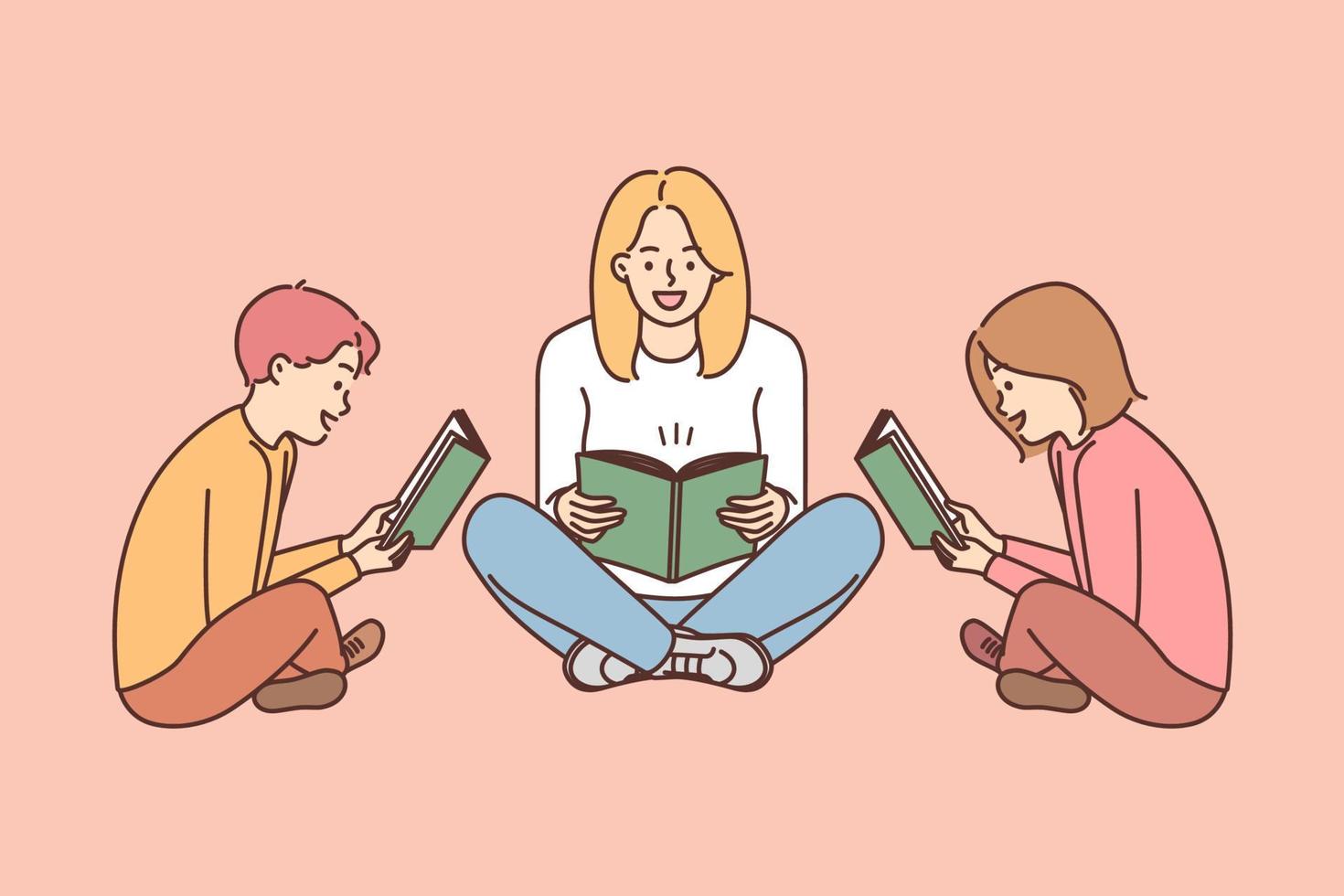 mamá y dos niños sentar en piso con libro y con entusiasmo leer interesante cuentos disfrutando útil pasatiempo. mujer con hija y hijo leer libros con ficción juntos vector