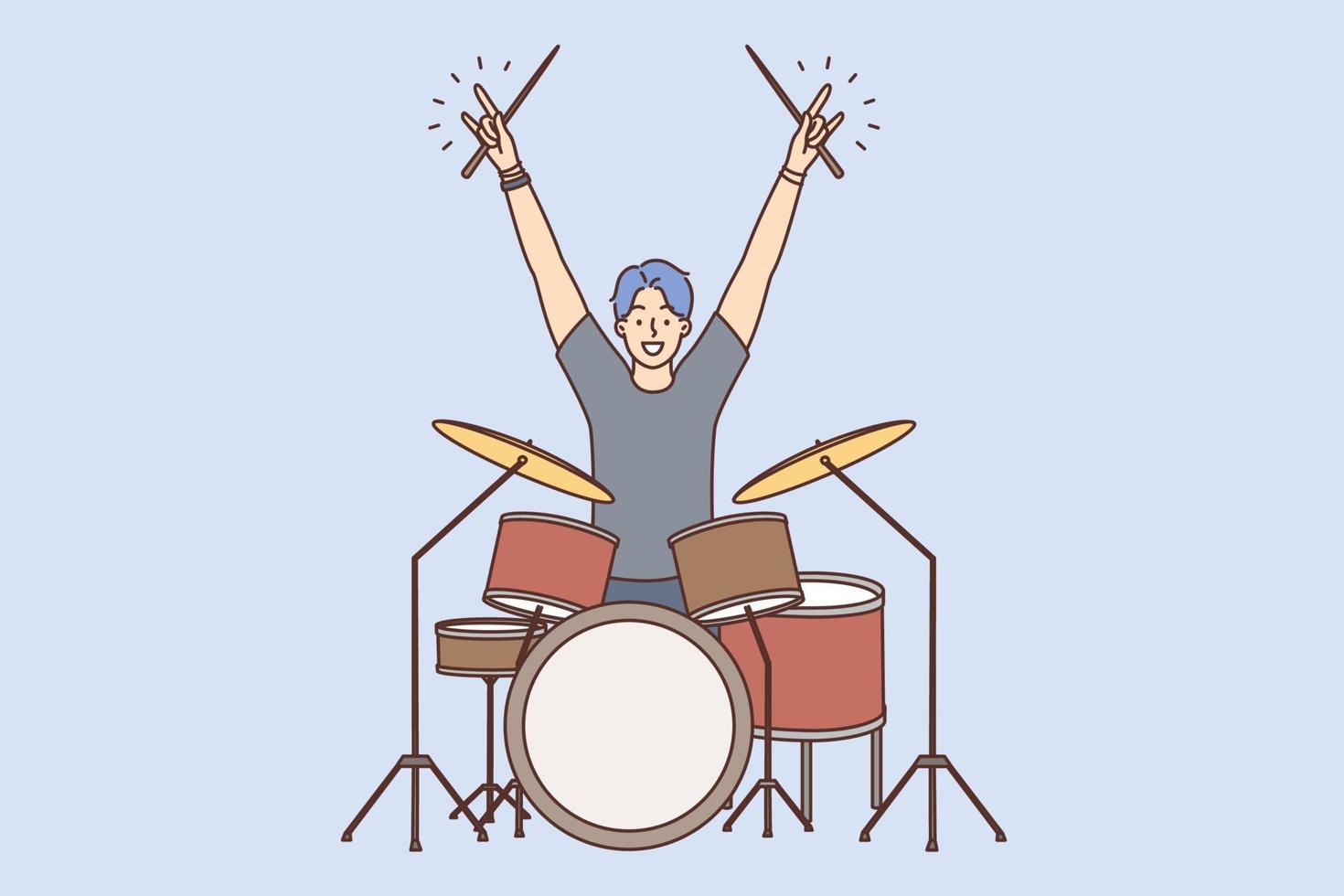 Man drummer member of youth rock band raise hands up starting performance in front of audience. Guy musician drummer sits among trommels getting ready for start of concert vector