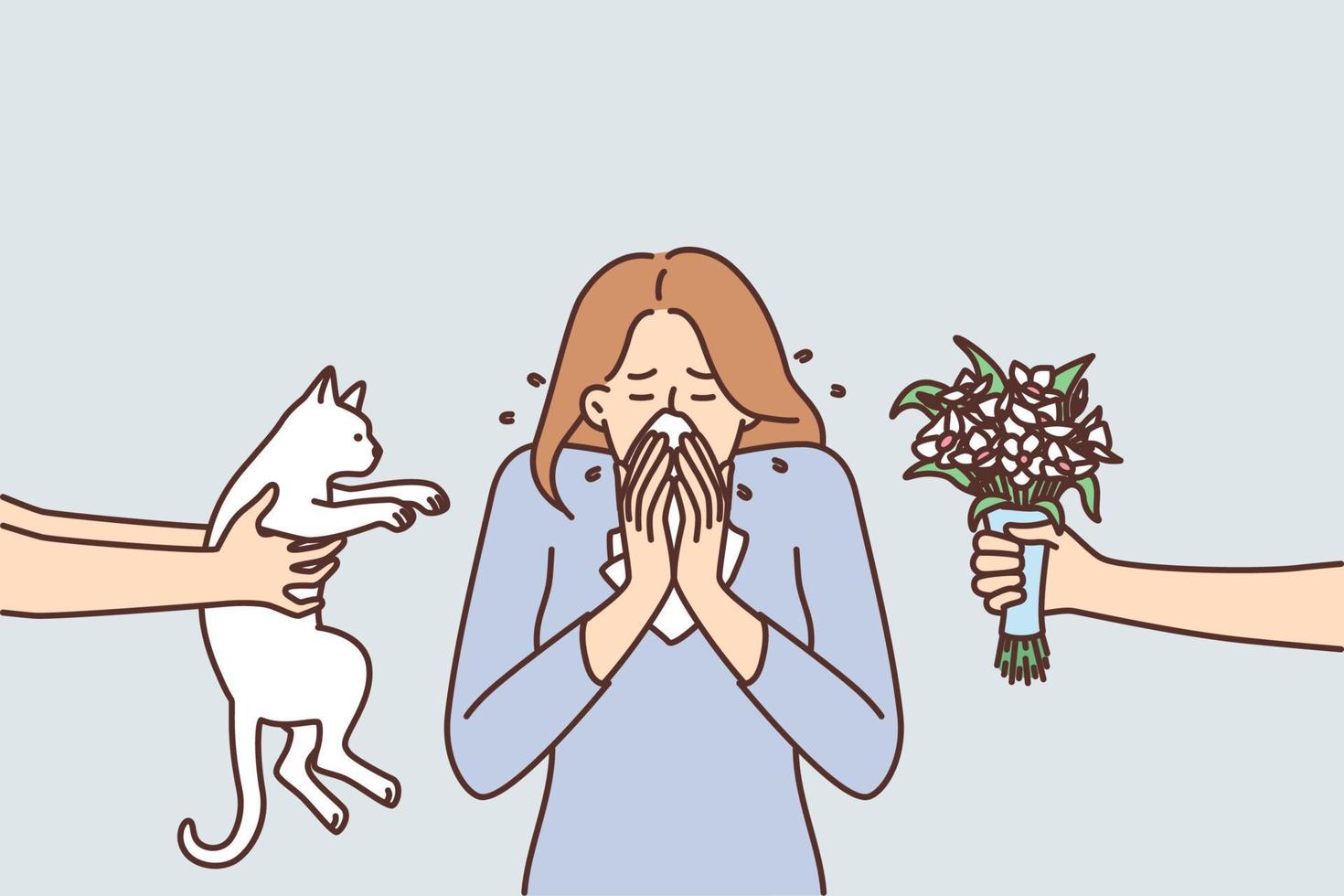Woman sneezes or experiences rheum covering nose with tissue due to allergic reaction to cat or flowers. Sick girl needs medicine that protects against allergies to pets and plants vector