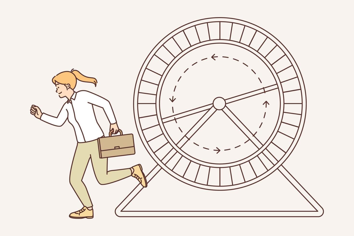 Woman with business briefcase runs near hamster wheel wanting to reach career goal. Metaphor for meaningless and unsuccessful actions on way to achieving goal in business or work in corporate segment vector