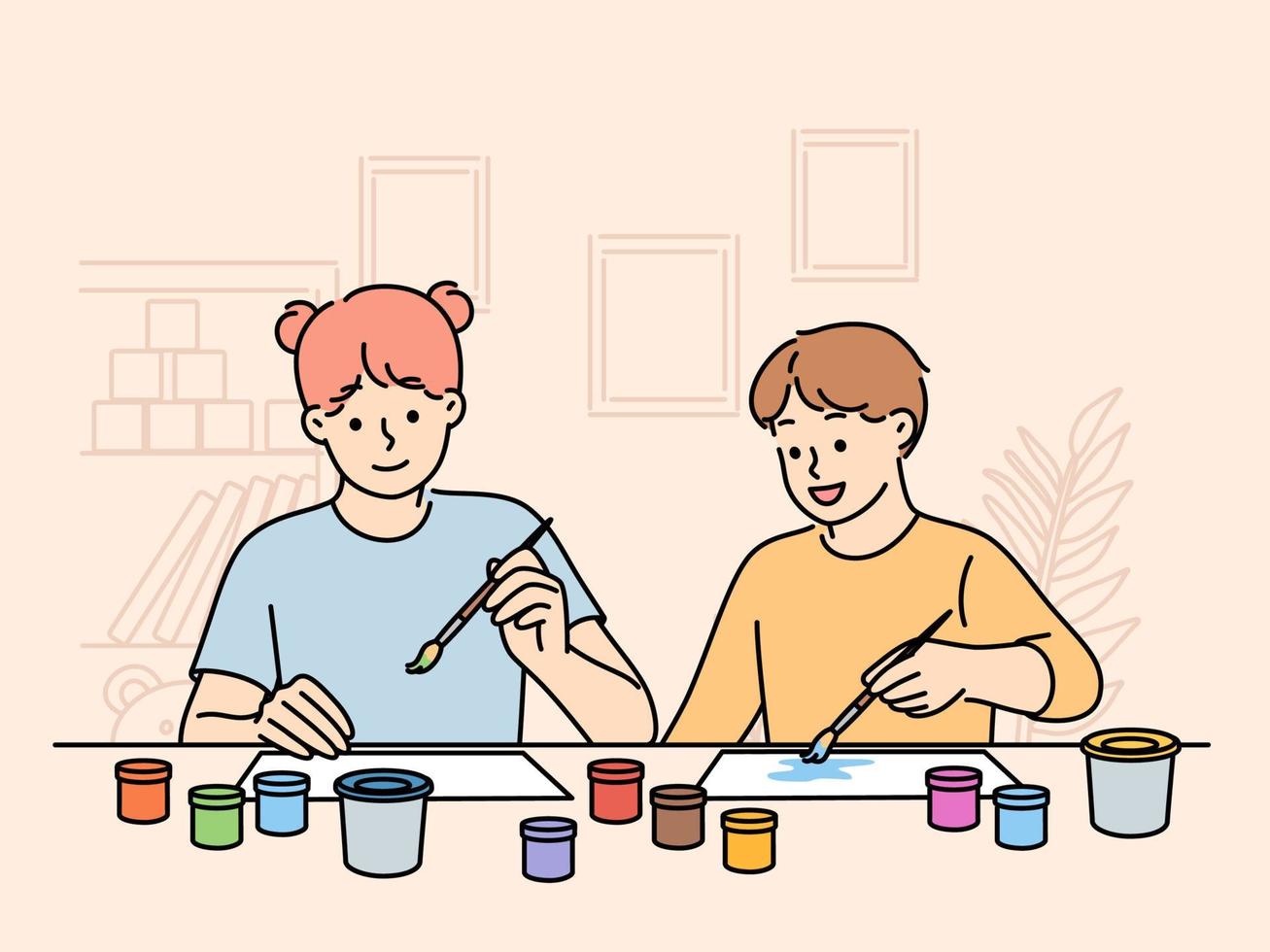 niños sentar a mesa haciendo articulación creatividad dibujar imágenes utilizando acuarela o gouache. chico y niña con cepillos en su manos participar en niños creatividad competencia vector