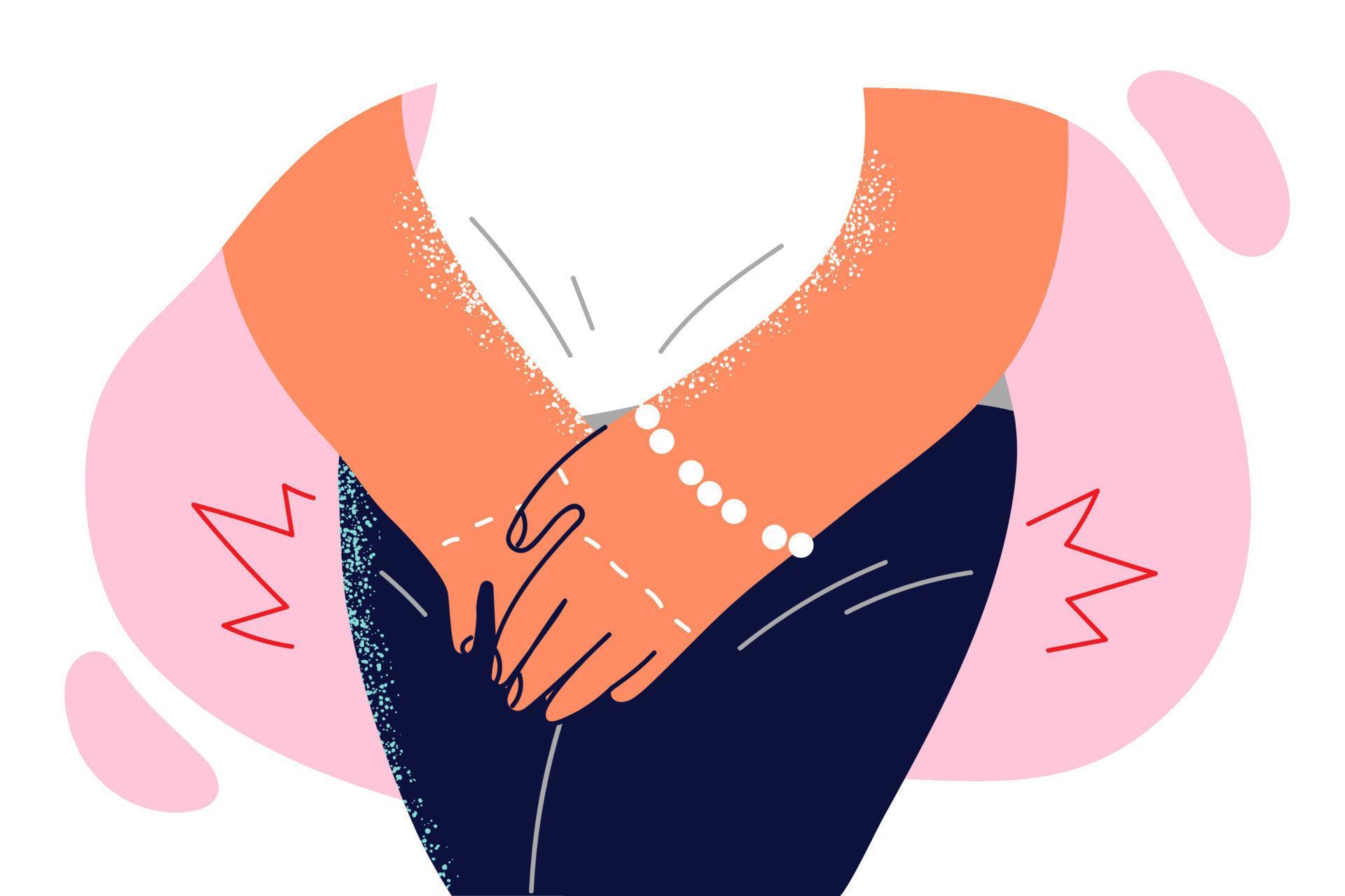 Woman presses hands to groin, having experienced sharp desire to visit