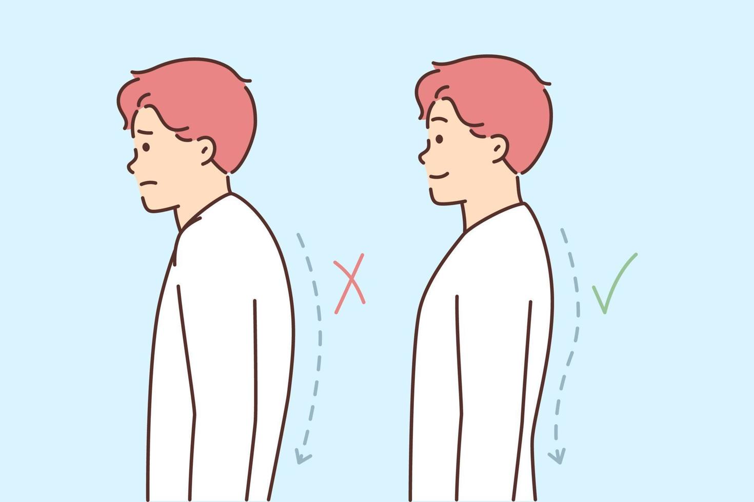 Man demonstrates correct and incorrect posture or hidden spine that negatively affects health. Tick and cross next to posture of guy suffering from osteochondrosis after injury vector