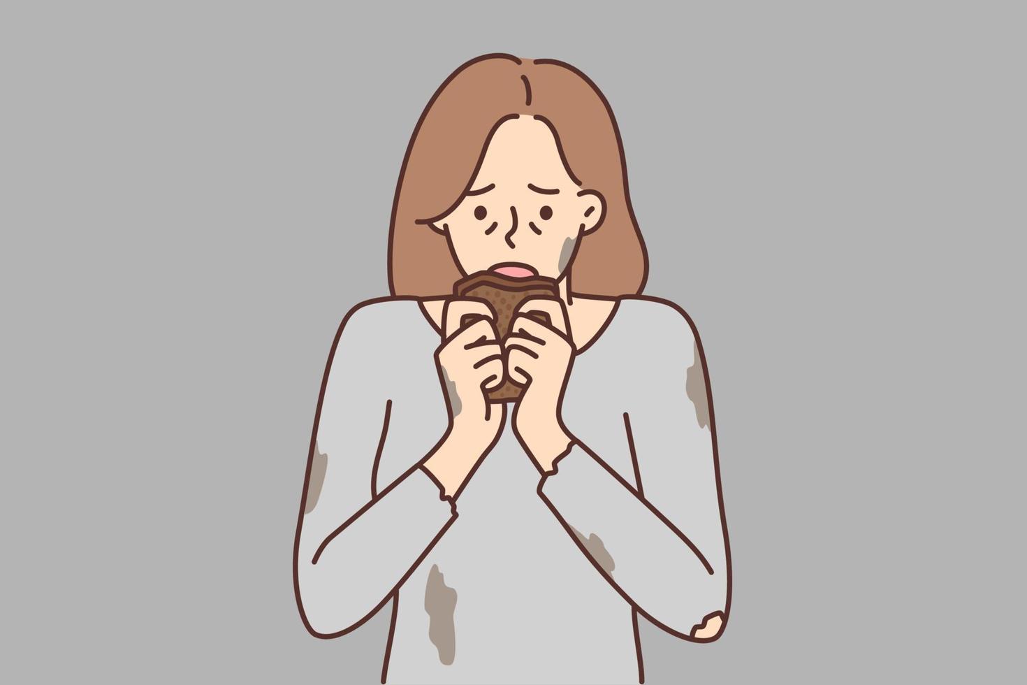 hambriento mujer en sucio Rasgado camiseta trae pedazo de un pan a boca después largo ausencia de alimento. hambriento niña después perdiendo ganancias y a hogar necesidades ayuda de social servicios. plano vector ilustración