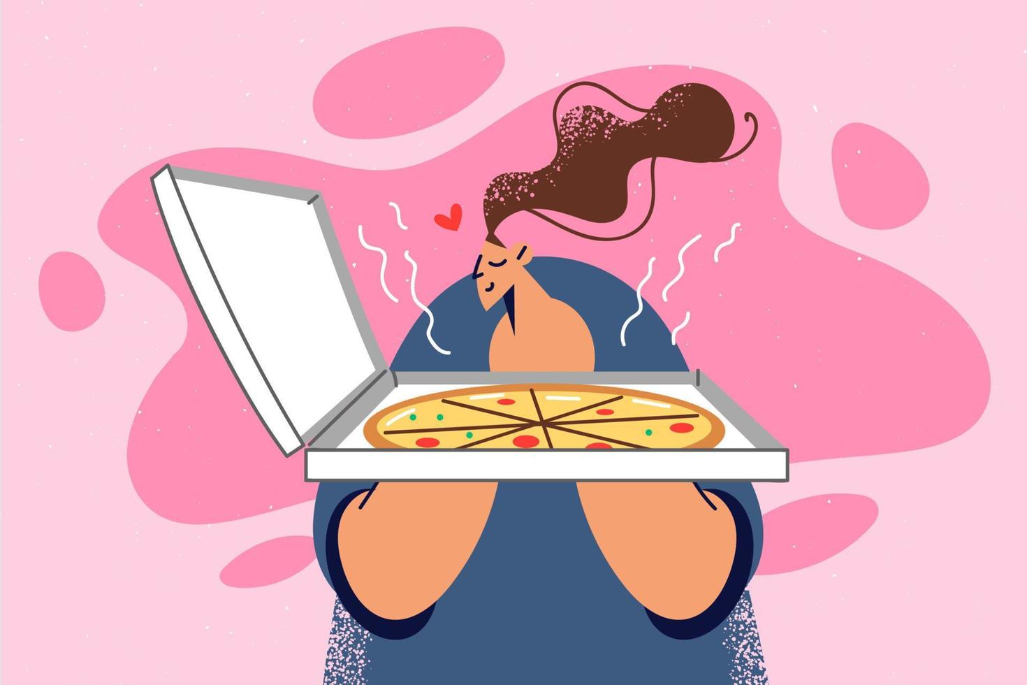 contento mujer oler sabroso Pizza en caja. sonriente niña emocionado acerca de Fresco italiano rápido comida desde llevar. comida entrega concepto. vector ilustración.