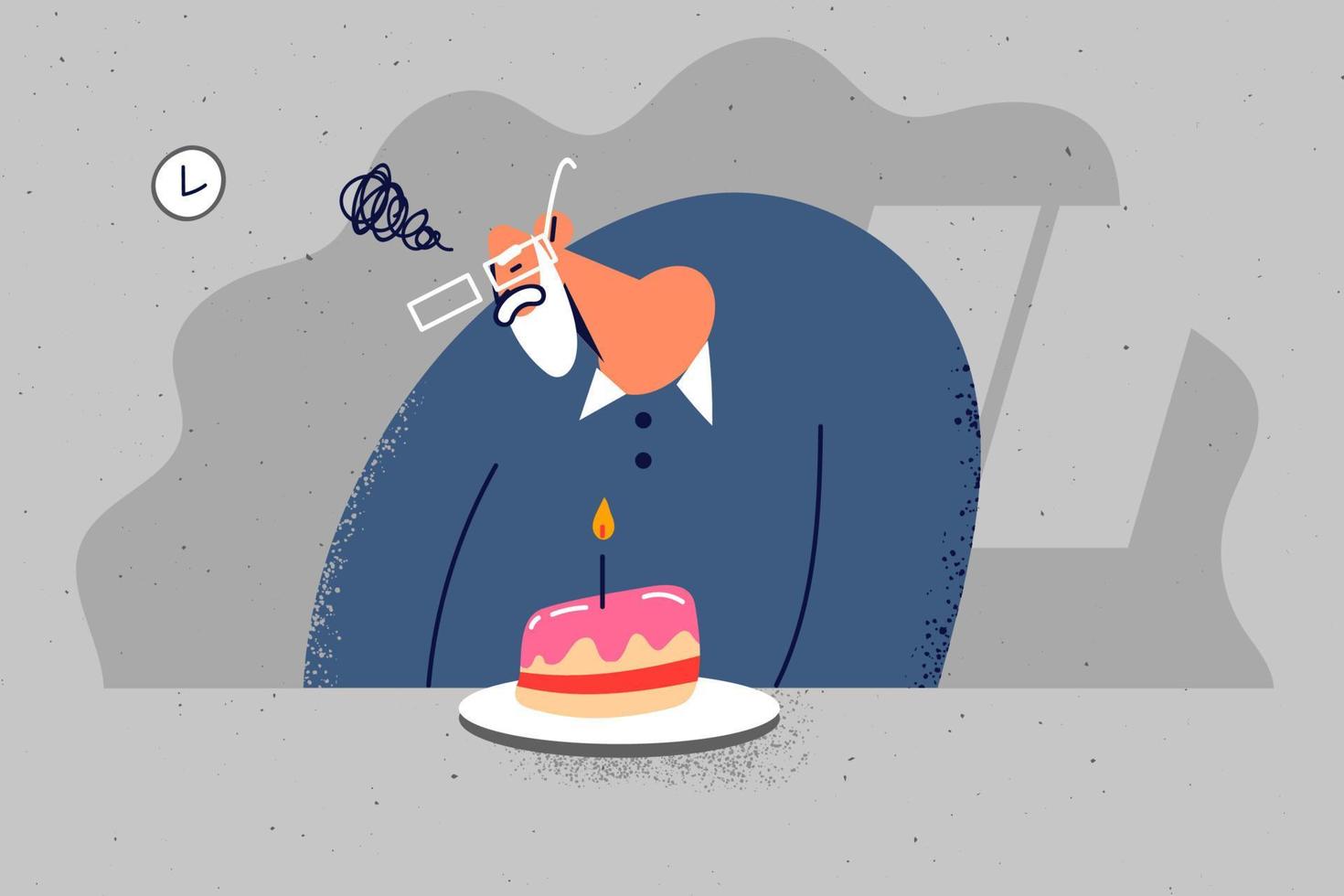 Unhappy mature grandfather feel lonely and depressed looking at birthday cake. Distressed elderly man celebrate birthday alone. Vector illustration.