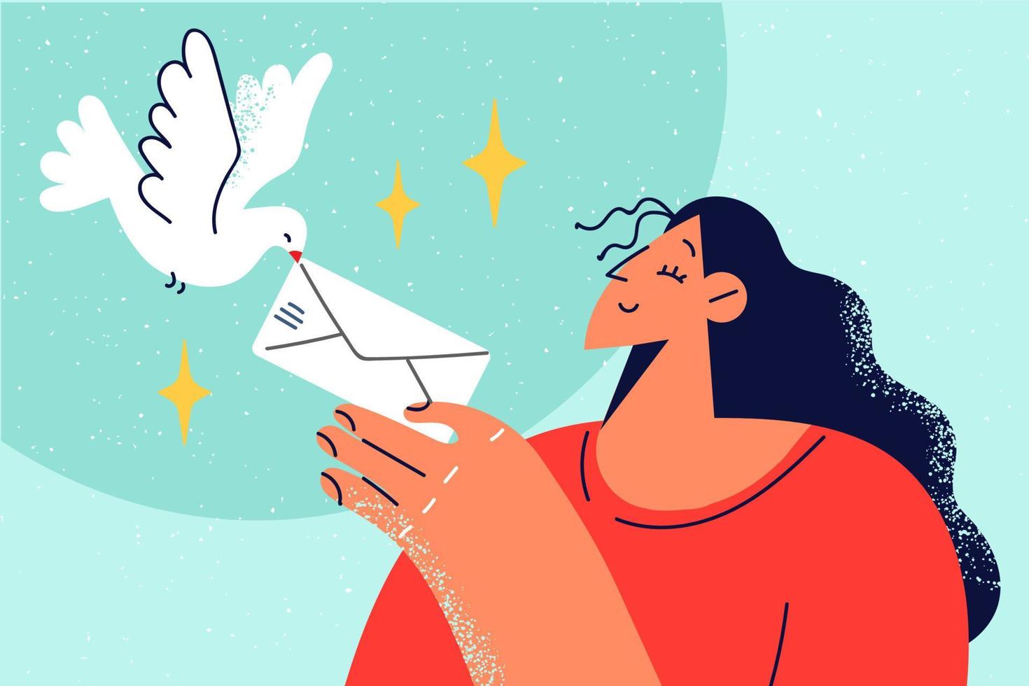 sonriente mujer dar sobre a paloma. contento niña enviar enviar letra por pájaro. correspondencia y envío. vector ilustración.