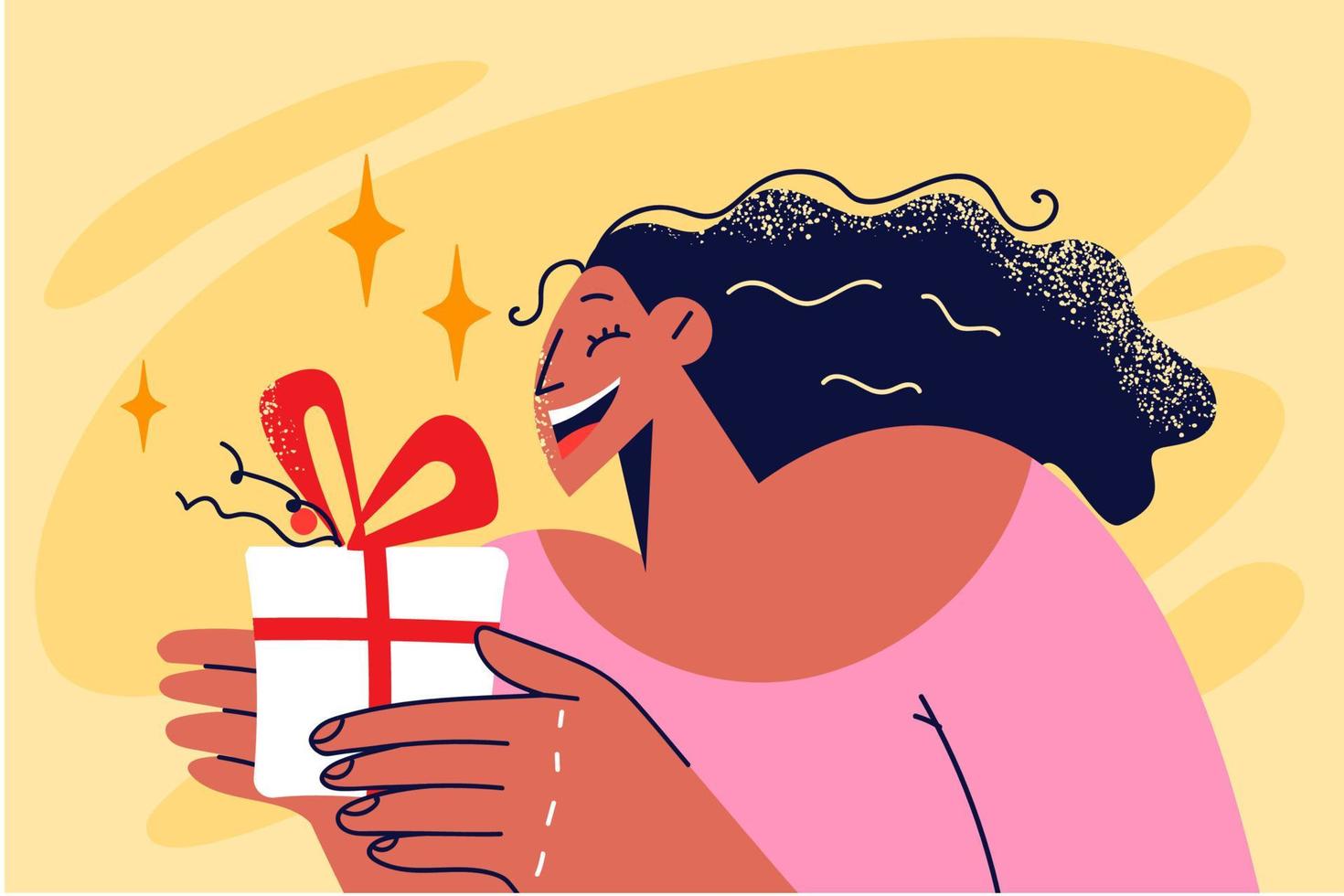 Smiling woman holding wrapped gift in hands celebrate birthday or anniversary. Happy girl with giftbox excited with present or surprise. Vector illustration.