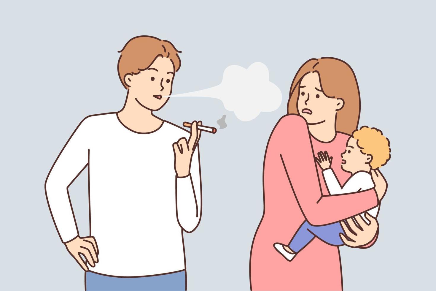 descuidado hombre de fumar cigarrillos en pie siguiente a mujer con infantil en brazos. conmocionado niña intentos a esconder bebé desde cigarrillo fumar mientras caminando cerca de fumar transeúnte vector