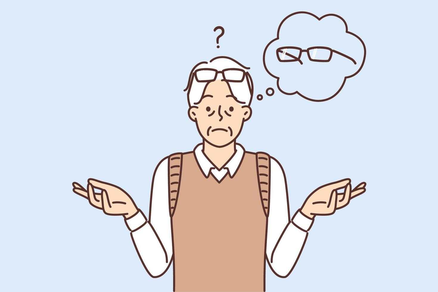 Man sadly spreads arms thinking about glasses that have ceased to solve vision problems. Pensioner needs to buy new glasses or take medications that positively affect person vision vector
