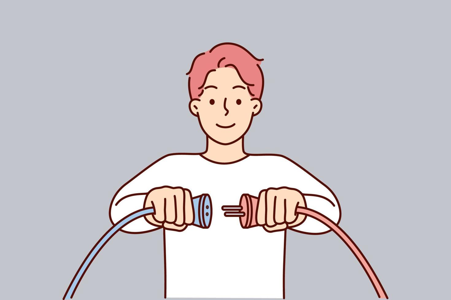 Man holding two cords with high voltage wish to connect wires to start electrical equipment or electric car. Concept increasing electrical current consumption for daily or work tasks vector