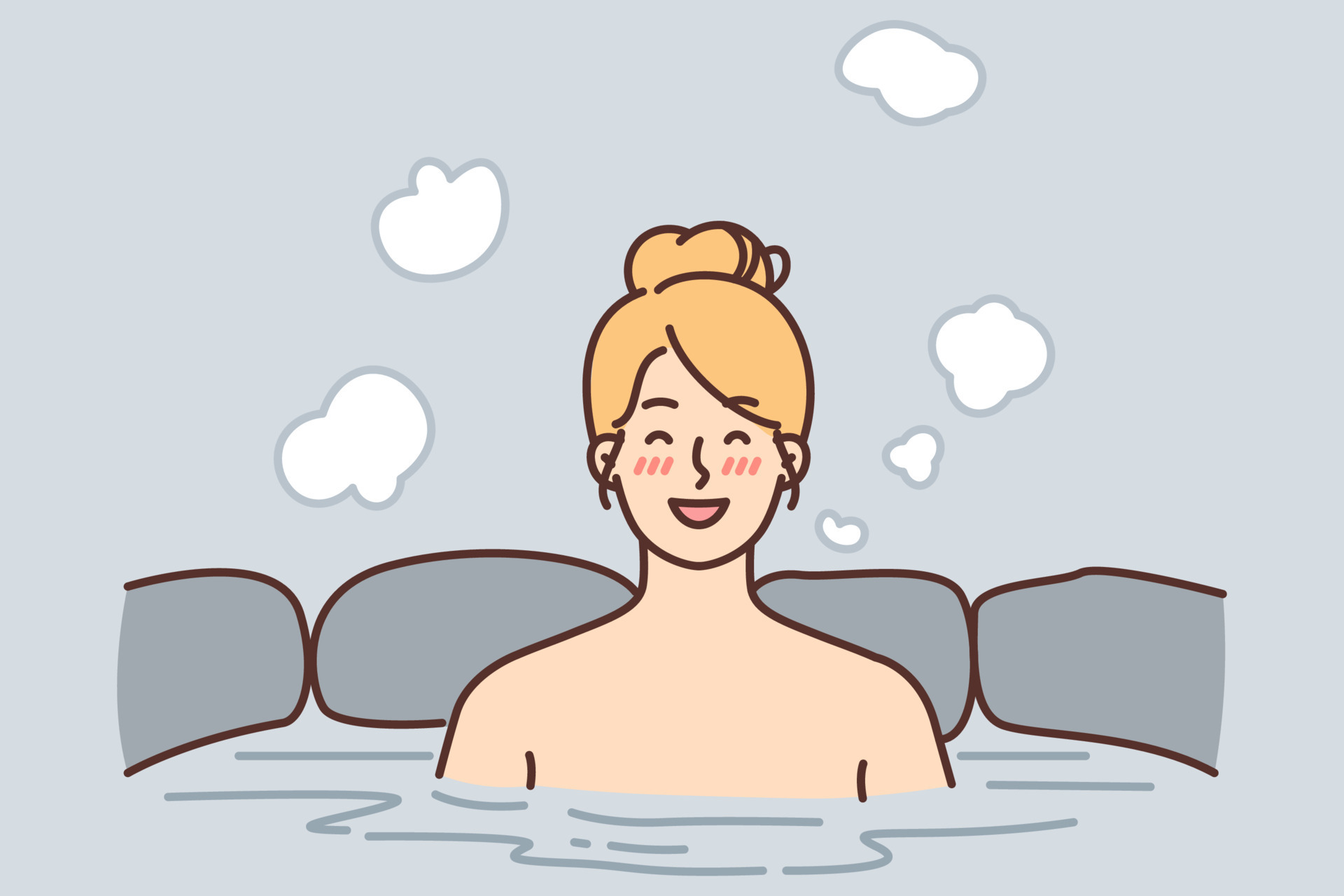 Cheerful woman relish spa treatments and hot beauty bath surrounded by