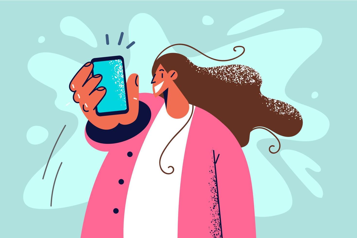 Smiling woman holding cellphone showing screen to camera. Happy girl demonstrate mockup display on smartphone. Vector illustration.
