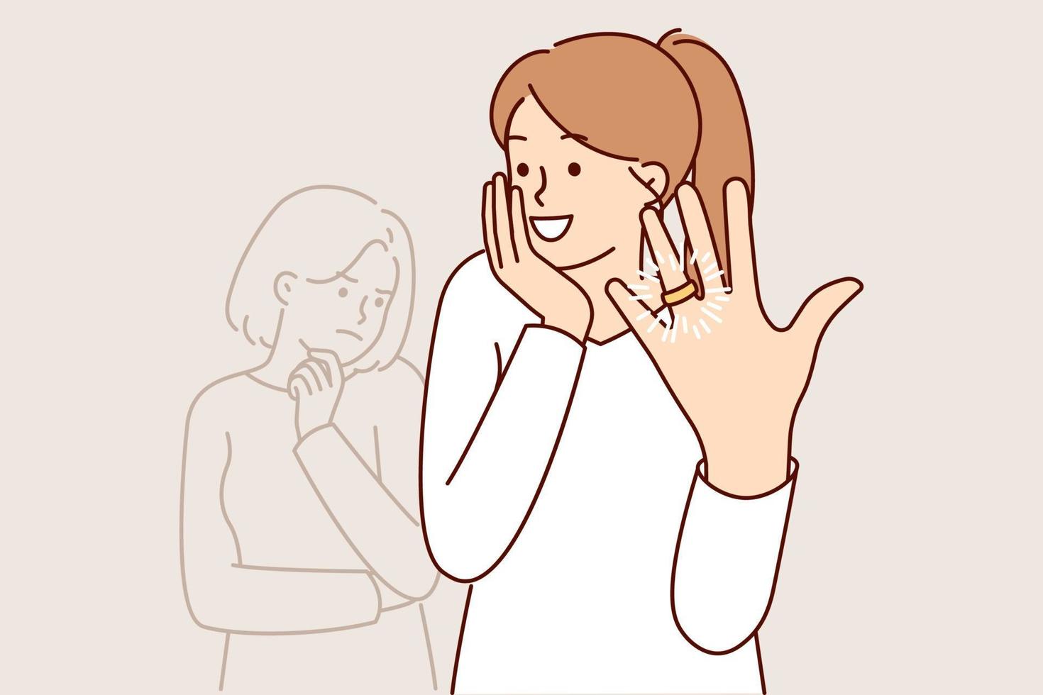 Woman feels happiness and delight showing wedding ring on finger after marriage proposal from boyfriend. upset girl becomes cheerful learning about imminent wedding and receiving ring from beloved man vector