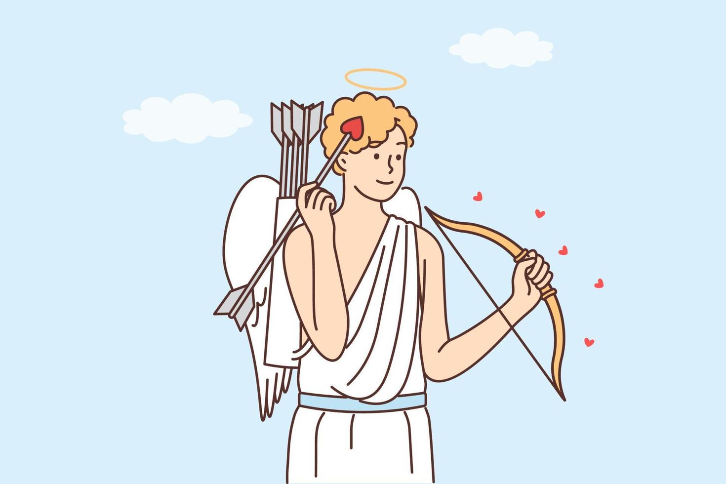 antiguo griego Dios Cupido con arco y flecha con propina en formar de corazón soportes falto a dar personas amor. magia ángel Cupido con alas es preparando a disparar a crear nuevo Pareja en amor vector