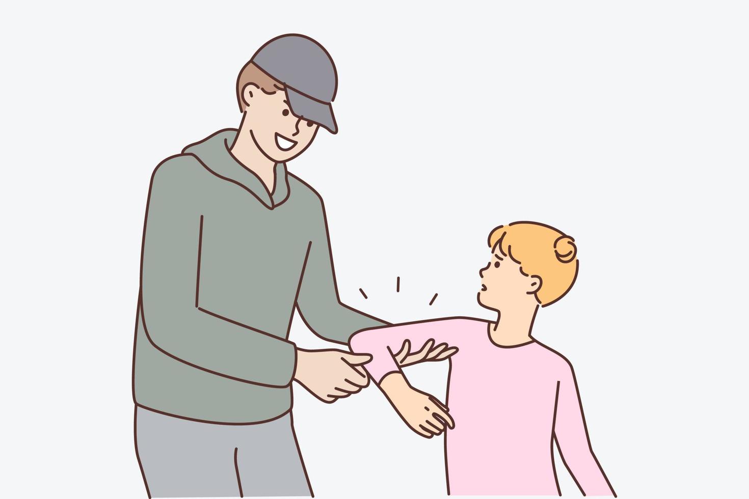 Smiling man trying to kidnap resisting teenage girl or commit kidnapping and child abuse. Displeased frightened schoolgirl trying to escape from hands of criminal kidnapping small children vector