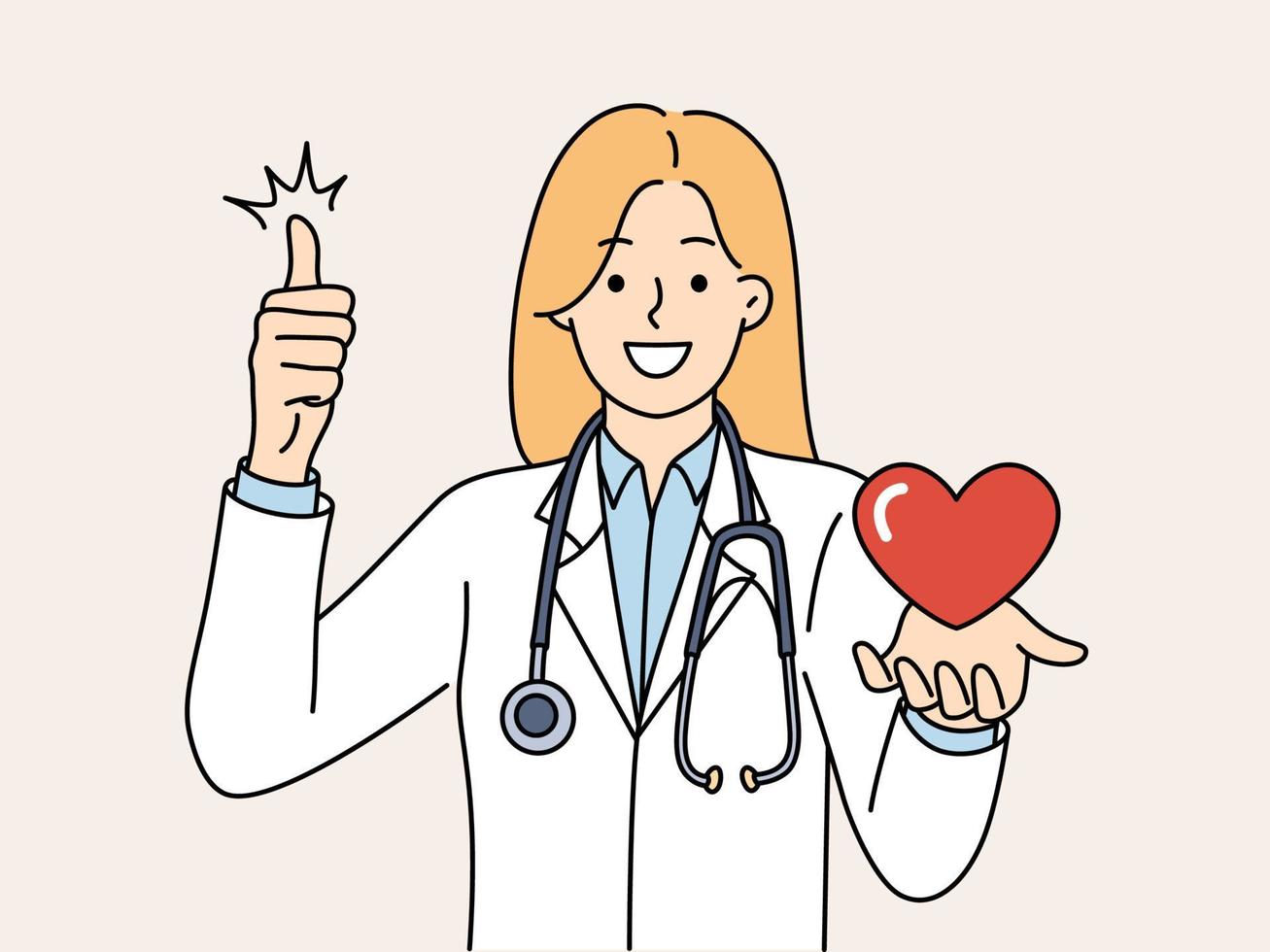 mujer médico con corazón en mano sonriente y demostración pulgar arriba alegría a bueno salud de paciente. niña médico con estetoscopio alrededor cuello trabajos en cardiología Departamento clínica vector