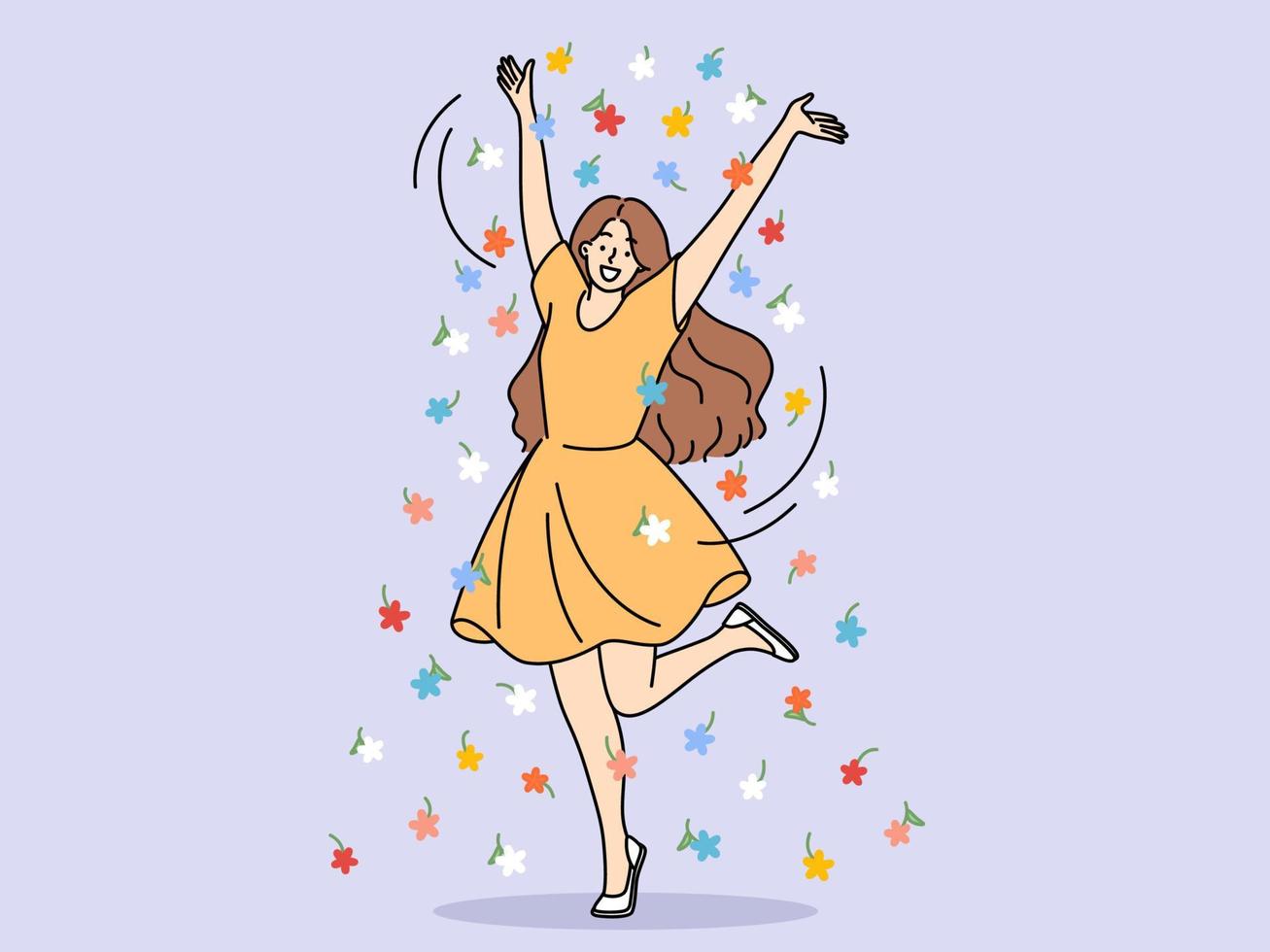 Happy young girl raises hands standing on one leg, experiencing joy and positive emotions from summer weather. Cheerful girl in short dress stands among flowers enjoying sunny day vector